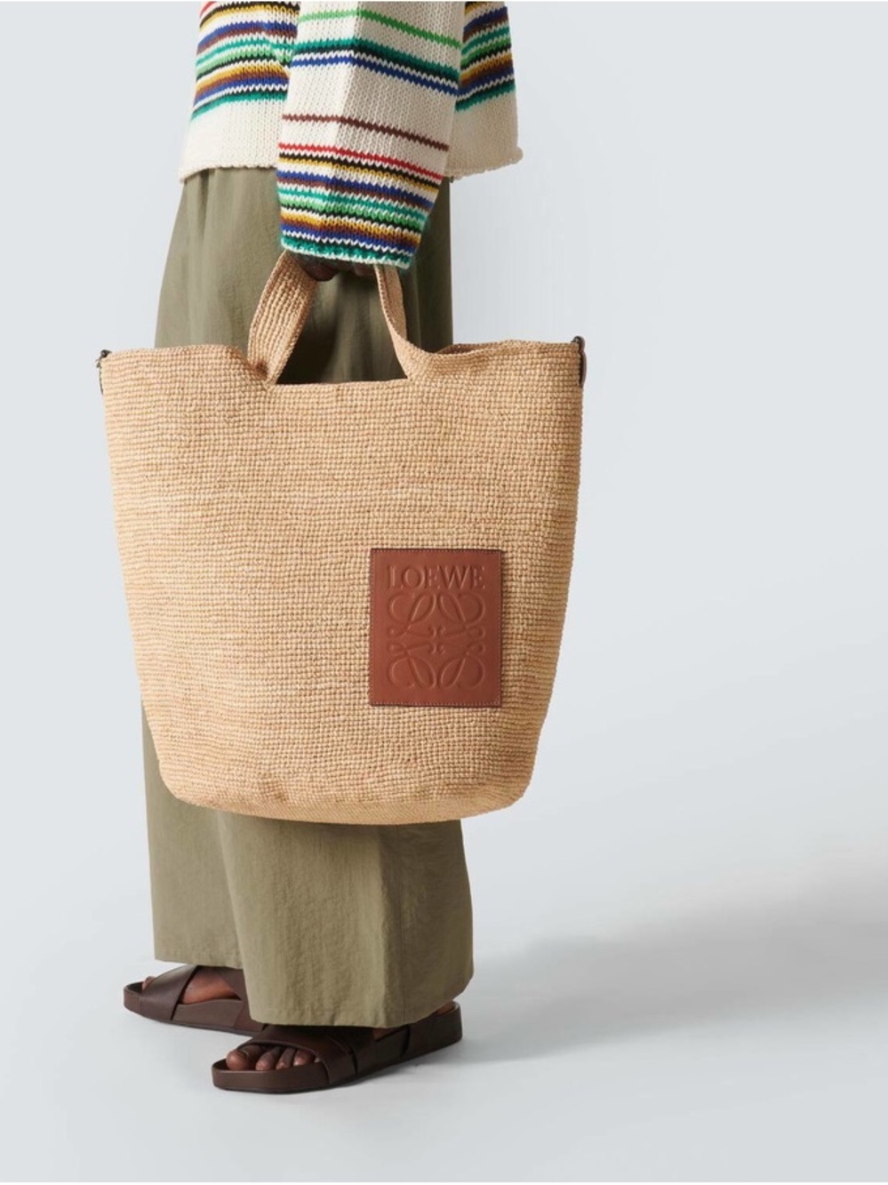 Loewe Slit Bag Hand Woven Raffia Tote Beige Brown Leather Logo OS